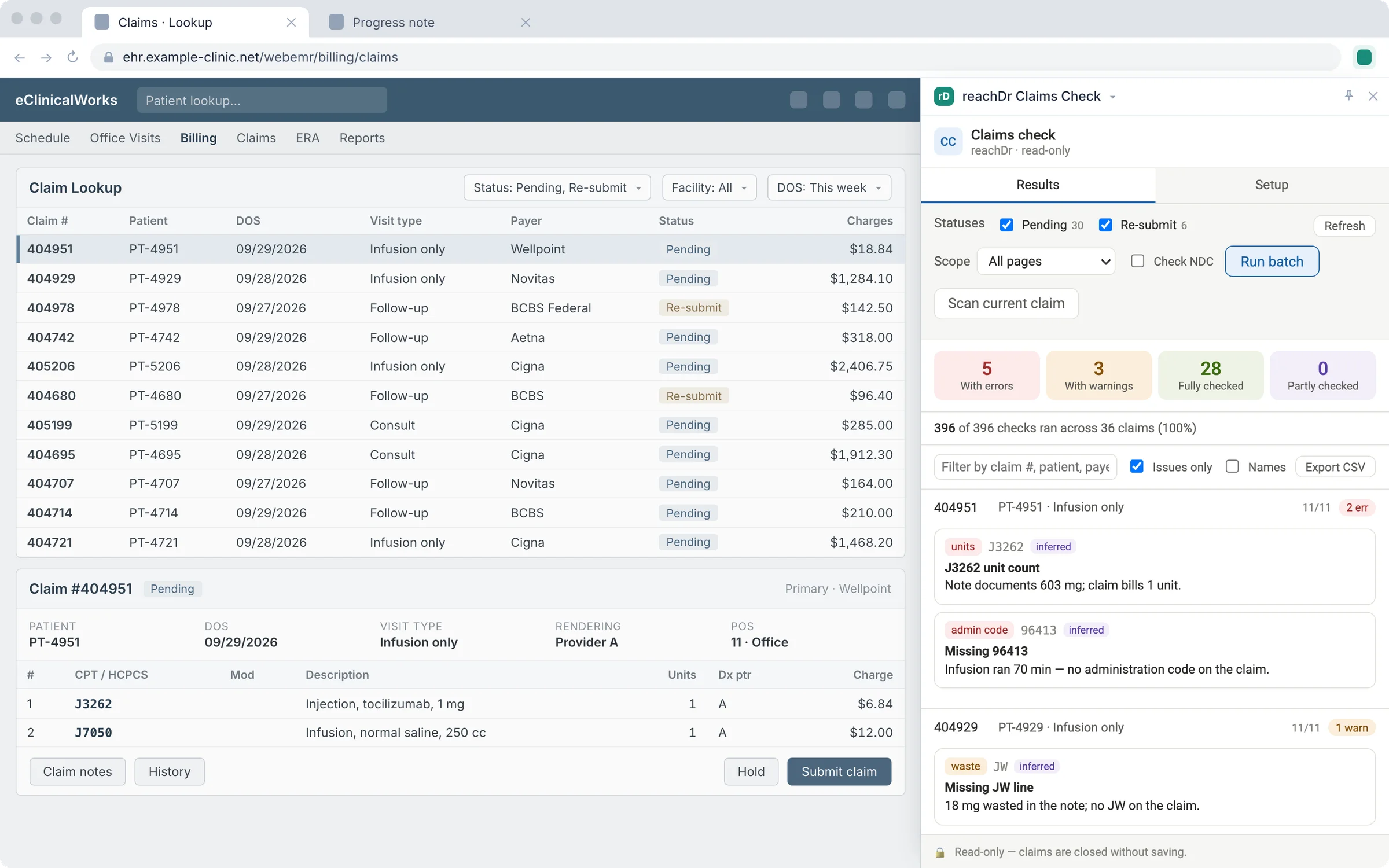 eClinicalWorks claim lookup with the reachDr Claims Check panel listing claims where the progress note and the billed codes disagree.