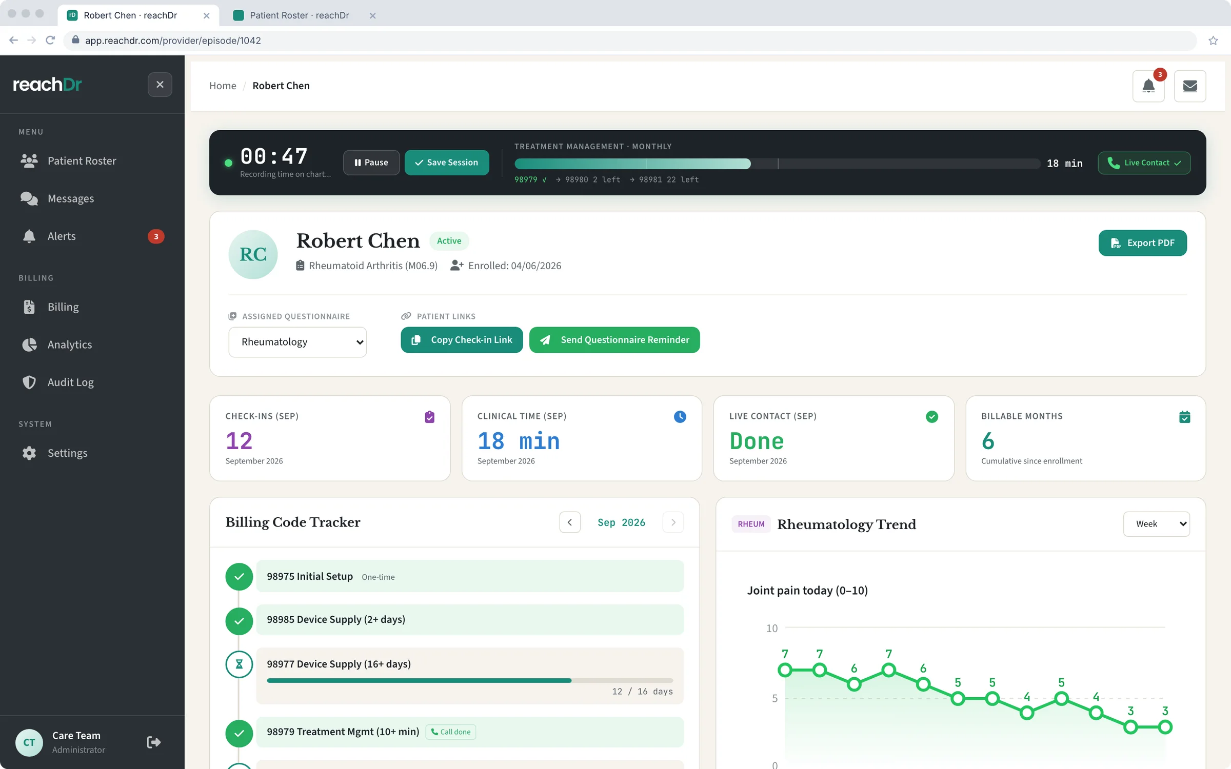 reachDr RTM patient view with a running treatment timer at 18 minutes, the billing code tracker and a symptom trend chart.